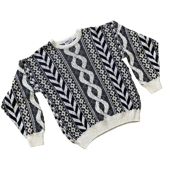 Boulevard Club Textured Knit Pullover Sweater Vintage 90s Blue/White Pattern - Picture 1 of 7